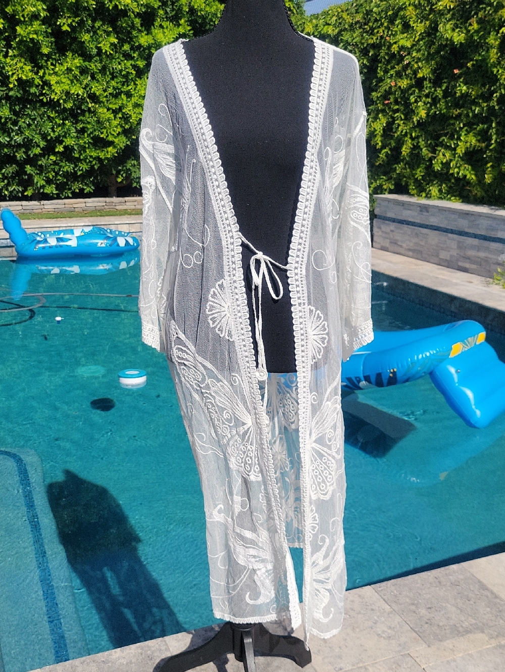 Boho White Butterfly Embroidered With Lace Trim Kimono Swim Cover Up - Picture 11 of 15